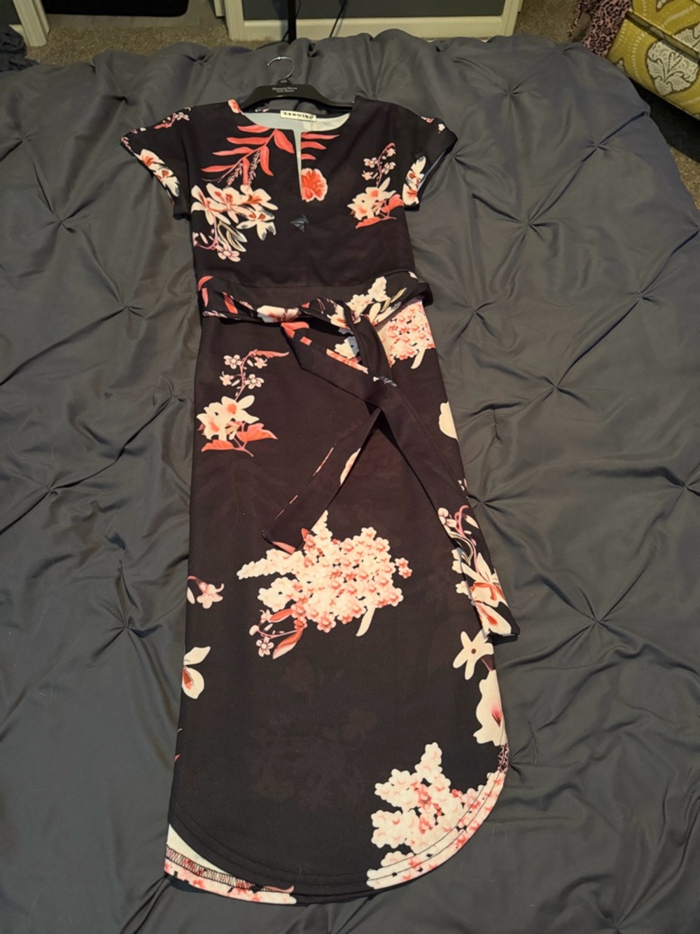 Wish Black Maxi Dress with Pink Floral Print and Belt